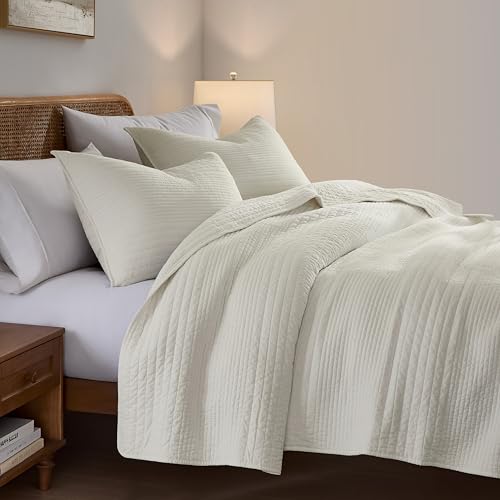 palassio Striped Beige 100% Cotton Quilt Queen Size Bedding Sets, Lightweight Crinkly Channel Pick Stitch Textured Bedspread Soft Shabby Chic Farmhouse Country Coverlet for All Season, 2 Shams palassio