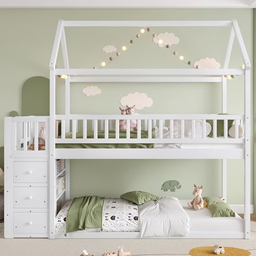 Bellemave Bunk beds Twin Over Twin Size with Drawers and Shelves Storage, Floor bunk Bed,White Bellemave