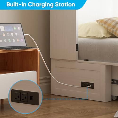 Mjkone Murphy Bed Cabinet with Built-in 3 Charging Station and 2 Storage Drawers, Solid Wood Cabinet Beds Queen Size with Mattress, Cube Chest Beds for Guest Room (White-Murphy Bed B)