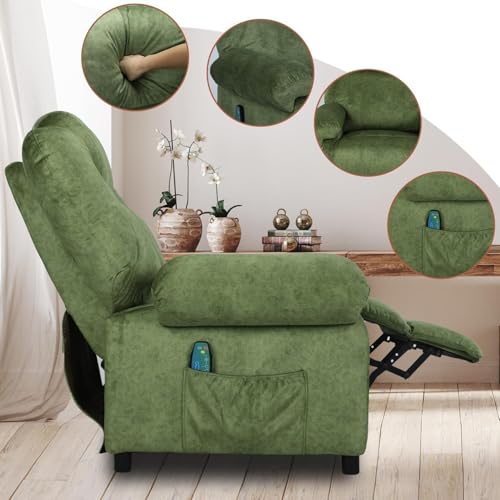 KCREAM Overstuffed Push Back Recliner Chair for Living Room, Mid Century Fabric Heated Massaging Reclining Chair Small Recliner Chair with Heat and Massage, Green