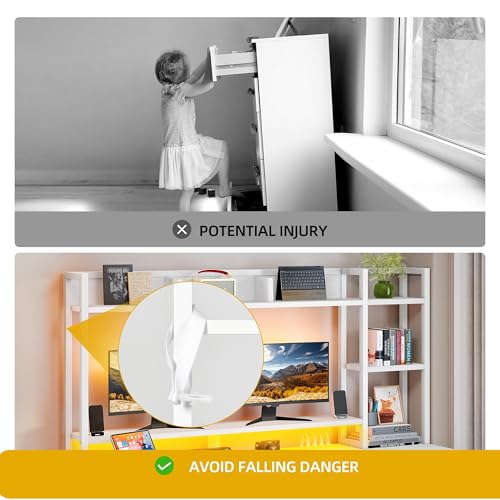 DWVO Computer Desk with Drawers & Hutch, 59.1" Office Desk with Power Outlets & LED Lights, Home Office Desk with Storage Shelves, White DWVO