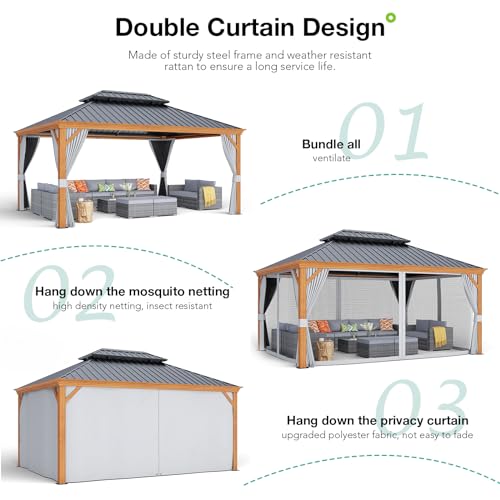 Patiorama 12β x 16β Hardtop Gazebo, Outdoor Wood Grain Frame Aluminum Gazebo with Galvanized Steel Double Vented Roof Canopy, W/Shaded Curtains and Netting, Pergola for Patio, Yard, Garden (Grey) Patiorama