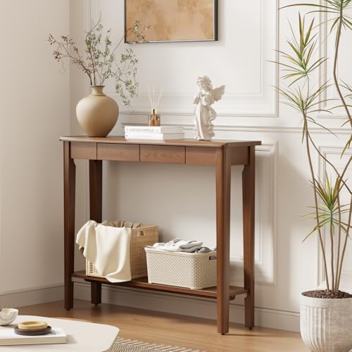 AQIMUELE Wood Console Table with Drawers, Mid Century Modern Console Table Walnut for Entryway, Living Room, Hall Way. AQIMUELE