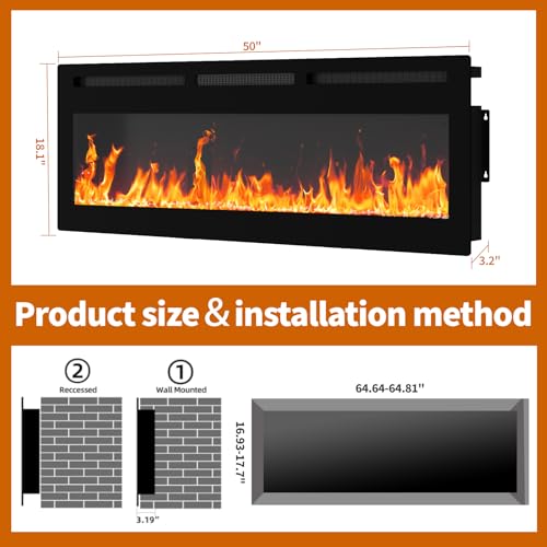 50" Smart Electric Fireplace Wall Mount, 1500w Heater with Remote Control & Timer, 12 Color LED Flame Effect, Touch Screen, for Living Room Bedroom Indoor Use PeacefulHues