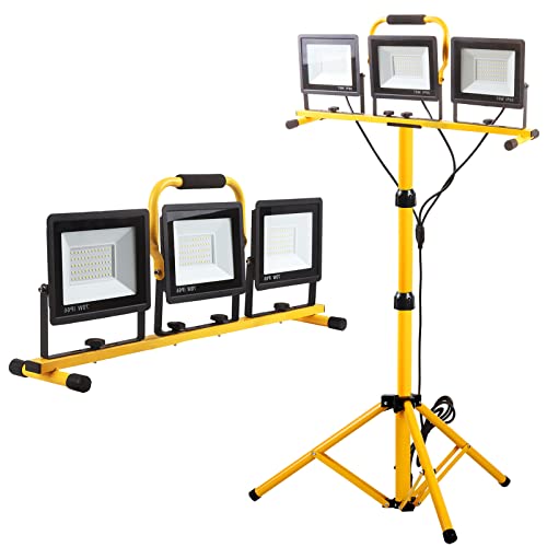 21000 Lumen Work Lights with Stand, 3 Adjustable Head LED Work Light, with Adjustable and Foldable Tripod Stand, Waterproof Lamp with Individual Switch with 6500 Kelvin Color Temperature GUWELL