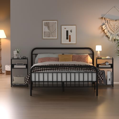 LELELINKY Side Table with Storage, Black Night Stand for Small Spaces, 3 Tier Industrial Wooden Record Player Holder with Vinyl Storage Shelf, End Tables Printer Stand for Bedroom LELELINKY