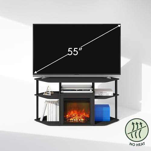 Furinno Jensen Fireplace TV Stand, NO Heat Decorative Electric Fireplace Corner Open Shelf TV Stand for TV up to 55 Inch, for Living Room, Dark Americano Furinno