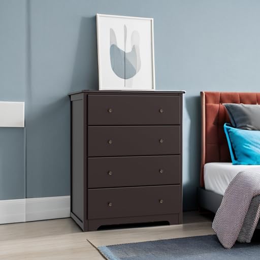 HOUSUIT Dresser, 4 Drawer Dressers Chests of Drawers, Modern Tall Dresser, Wood Drawer Chest Storage Cabinet for Living Room, Hallway, Entryway, Home Office, Dark Brown HOUSUIT