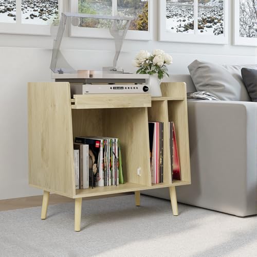 Kiasthome Large Record Player Stand with Storage Cabinet & Rattan Magazine Rack, Vinyl Record Storage Side Table with Solid Wood Legs for Living Room, Bedroom Kiasthome