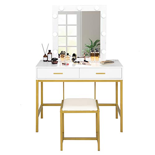 VINGLI 40" Vanity Set with Lighted Mirror and Stool,White Makeup Vanity Table Set with 9 Lights for Women,Bedroom Makeup Dressing Table with 2 Drawers and Stool,White&Gold VINGLI