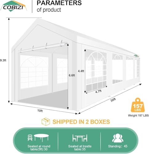 COBIZI 10x30FT Party Tent Heavy Duty Event Shelter Outdoor Wedding Gazebo Canopy Tent for Parties Carport BBQ Commercial with Removable Sidewall Windows, Powder Coating (Better Than Galvanized),White COBIZI