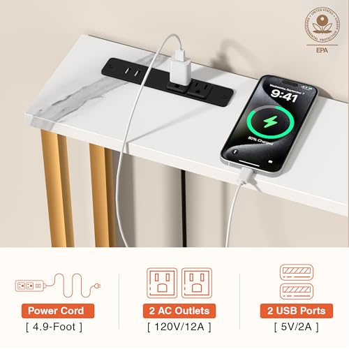 Keelian 78Inch Console Table with Outlet, Sofa Table with Charger,Skinny Hallway Table, Narrow Entryway Table,Table Behind Sofa,for Living Room,Gold & White Keelian