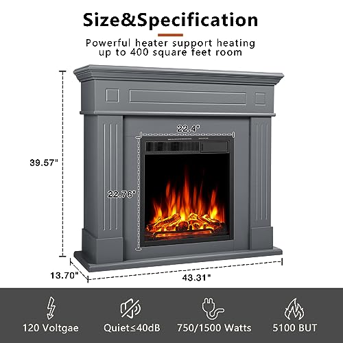 R.W.FLAME 43” Electric Fireplace Mantel Wooden Surround Firebox, TV Stand with Freestanding Electric Fireplace, Remote Control, Adjustable Led Flame, 750W/1500W Grey R.W.FLAME