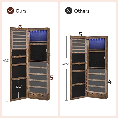 SONGMICS 6 LEDs Mirror Jewelry Cabinet, 47.2-Inch Tall Lockable Wall or Door Mounted Jewelry Armoire Organizer with Mirror, 2 Drawers, 3.9 x 14.6 x 47.2 Inches, Rustic Brown UJJC93CB SONGMICS