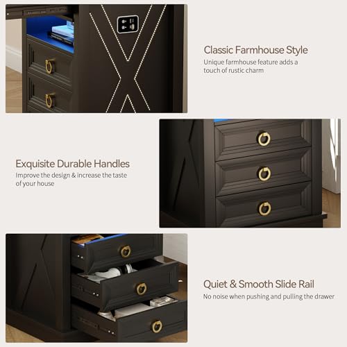 Lvifur Farmhouse Nightstand with Gun Drawer, Human Sensor LED Bedside Table with LED Lights & Charging Station, Rustic Wood Sofa Side End Table with 3 Drawers for Bedroom (Black) Lvifur