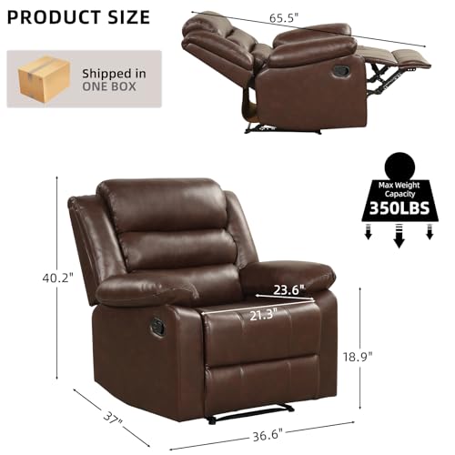 IOMOR Manual Recliner Chair with Overstuffed Arm and Extra-Padded Back, Breathable PU Leather Reclining Chair for Adults, Single Sofa for Living Room, Bedroom (Dark Brown)