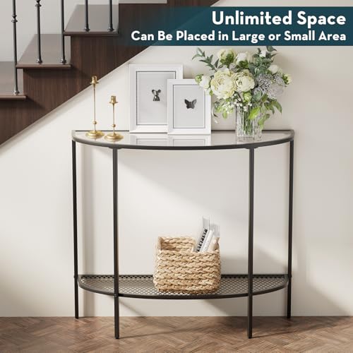 SAYGOER Glass Half Moon Console Table 2 Tier Narrow Entryway Table with Black Metal Frames, Modern Couch Table Small Entry Way Tables, Easy Assembly, Clear Glass SAYGOER