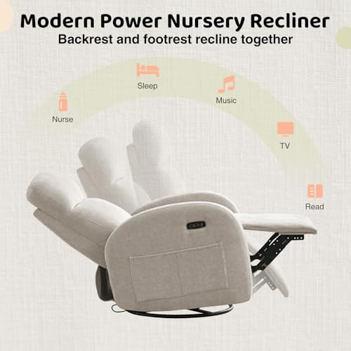 AEMEIOS Nursery Glider Recliner, Power Swivel Rocking Recliner with USB & Type-C Port, Swivel Nursering Reclining Rocker with Double Pockets for Living Room, Camel Chenille