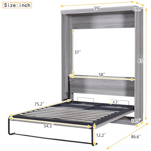 Ball & Cast Murphy Bed Full Size,Hideaway Beds Chest with Wardrobe,can be Folded,Wall Bedframe w/Wood Slat Support,No Box Spring Needed,for Bedroom Apartment,Grey Ball & Cast
