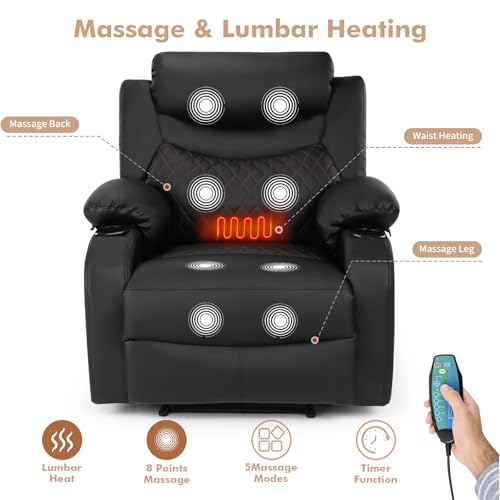 linting Massage Recliner Chairs with Heat, Wide Seat Reclining Lounge Chair for Home Theater, Faux Leather Heated Massaging Manual Recliner Chair with Cup Holder for Adult, Black