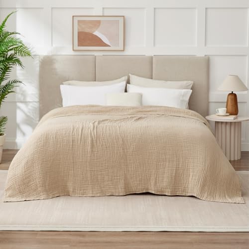 100% Cotton Muslin Blanket Queen 90" x 90", 6 Layers Breathable and Lightweight Cotton Throw Blanket for Bed, Soft Quilt Bedspread Coverlet, Gauze Blanket for Adults All Season, Beige Linen, Oatmeal Kozyhvn