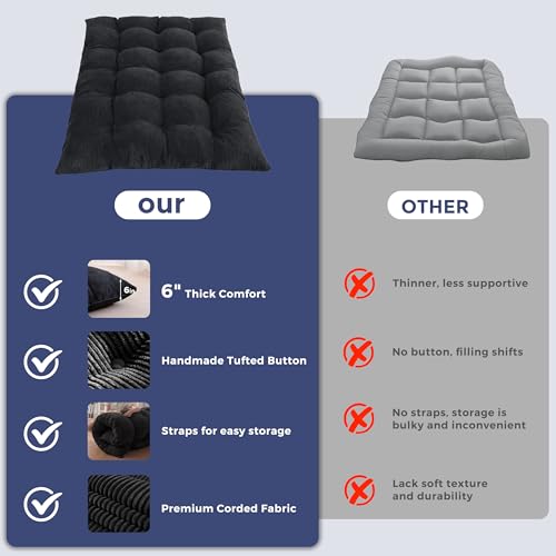 MAXYOYO 6" Japanese Floor Mattress, Foldable Futon Mattress Full Size, Tufted Roll Up Floor Bed, Thick Tatami Mat Sleeping Pad Portable Lounger for Camping Guest Room Dormitory Bedroom RV, Black MAXYOYO