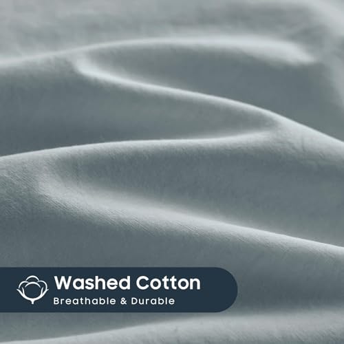 Wake In Cloud - Cotton Duvet Cover Set, Twin Size, Light Denim Blue, 100% Washed Cotton, Linen Like Textured, Breathable Percale Durable Comfy Farmhouse Neutral Bedding Set, 3 Pieces Wake In Cloud