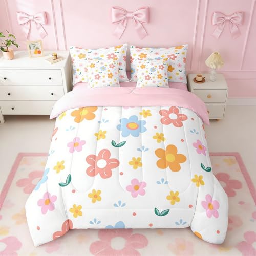 Erosebridal 7 Piece Cute Flower Comforter Sets with Sheets, Pink Floral Bedding Set Twin for Boys Sweet Girls Botanical Bed in A Bag Colorful Flowers Bed Set Erosebridal