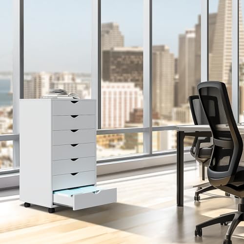 DUMOS 7 Drawer Vertical File Cabinet Mobile Filing Storage Dresser with Wheels Rolling Under Desk Printer Stand Wood Organizer for Office Home Bedroom, White DUMOS