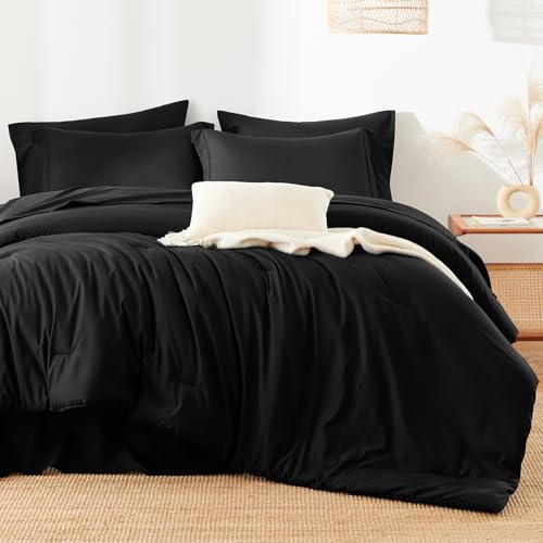HIMEET Queen Comforter Set - 7 Pieces Bed in a Bag Queen Size, Luxury Comforter Set with Sheets for All Season, Bed Set with Comforter, Flat Sheet, Fitted Sheet, Pillowcases & Shams, Black HIMEET