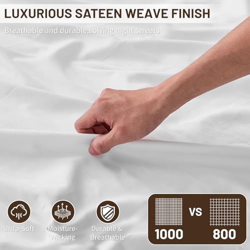 MEISHANG Extra Deep Pocket Cotton Sheets Queen Size - 100% Egyptian Cotton 1000 Thread Count - Fits 18"-24" in Deep Mattress,Oeko-Tex Certified, Soft & Breathable - 4 Piece (Queen, Whtie) MEISHANG