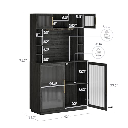 BELLEZE Coffee Wine Bar Cabinet with Power Outlet, 72" Rustic Liquor Cabinet, Tall Buffet Cabinet with Storage Kitchen Pantry Cupboard Wine& Glasses Rack Server with Hutch for Home Dining Room, Ebony BELLEZE