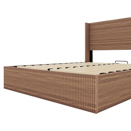 Lift Up Storage Bed Queen Size, Queen Bed Frame with Headboard and Lift Storage System, Wood Headboard with Wing-Back and Convex Groove Board Design Bellemave