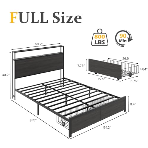 Lifezone Full Bed Frame with 2-Tier Storage Headboard, Metal Bed Frame with Storage Drawers & Built-in Charging Station & LED, Noise-Free, No Box Spring Needed, Easy Assembly, Rustic Grey Lifezone