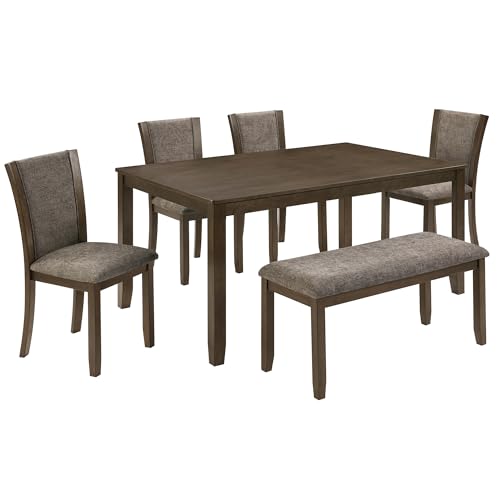 RuiSiSi 6-Piece Dining Table Set for 6, Farmhouse Wood Kitchen Table Set with Chairs and Bench, Rustic Dining Room Kitchen Table Set for 6 People, Dark Walnut RuiSiSi