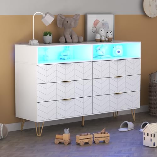 Loomie 6 Drawers Double Dresser with Power Outlet & LED Light,White Long Dresser Chests of Drawers with Storage Cubby,Wood Wide TV Dresser Stand for up to 55" for Bedroom,Hallway,Entryway Loomie