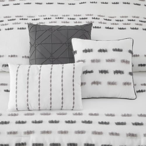 LANCO MODERN LIFESTYLE White Grey 7 Piece Comforter Set, King, Clip Waffle Texture Stripe Design, Soft Polyester Bedding for All Seasons, Includes Bedskirt, Shams and Decorative Pillows LANCO MODERN LIFESTYLE