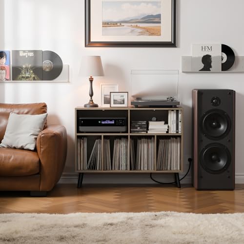 Cozy Castle Record Player Stand with Vinyl Storage Cabinet, Wood Turntable Table Open Shelf Holder Up to 350 Albums Cube Storage Organizer for Living Room, Office, Gray Cozy Castle