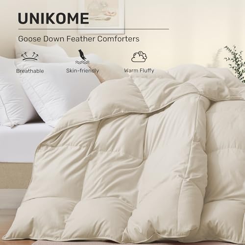 UNIKOME Goose Feather Down Fiber Comforter Queen Size, All Season Duvet Insert with Soft Downproof Cover, Cloud-Like Fluffiness Bed Comforters with Corner Tabs (Full/Queen, Cream, 88"X88") UNIKOME
