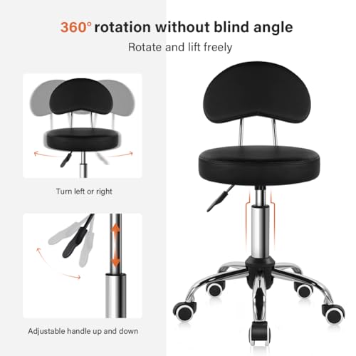 KKTONER Rolling Stool with Mid Back Height Adjustable Chair PU Leather Swivel Chair with Wheels for Office Home Task Drafting (Black) KKTONER