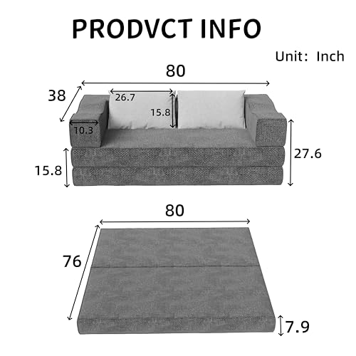 80" Folding Convertible Fold Out Sleeper Sofa Bed King Size , 5 in 1 DIY Combination Floor Couch Cozy Lounge Daybed with Curved Armrest and Throw Pillows for Living Room Apartment Chenille Fabric Eafurn