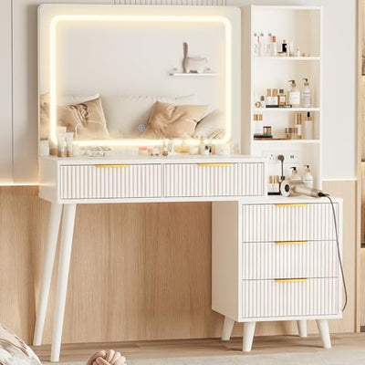 Vanity Desk with Mirror and Lights, Makeup Vanity Desk with Power Outlet, Makeup Desk with 5 Drawers&Storage Shelves, Vanity Table 3 Color Modes Adjustable Brightness Dressing Table Set for Bedroom