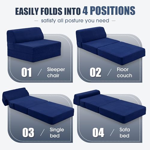 Kasunpul Folding Sofa Bed with Pillow, Memory Foam Fold Out Chair Bed, Convertible Sleeper Chair with Washable Cover, Futon Floor Couch for Living Room/Dorm/Guest Use/Home Office/Apartment, Navy Blue Kasunpul