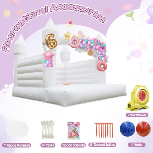 14FT 2 in 1 Inflatable Bounce House & Play Basketball, 100% Commercial Grade Thickening PVC Large Bouncy House Castle with Air Blower & Balloons & Basketball for Birthday Party,Wedding (White, 14 FT) Yorkgargen