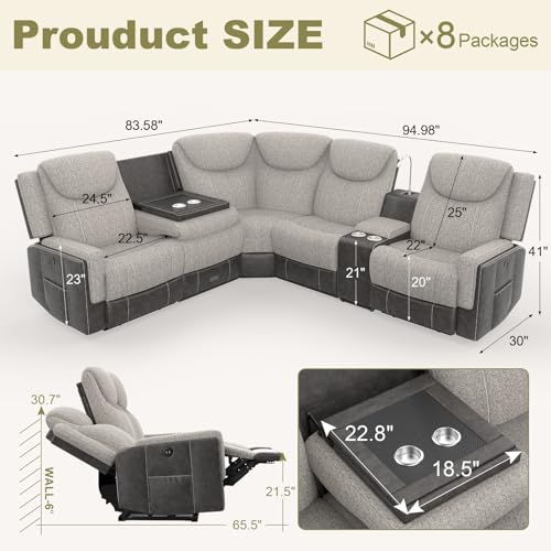 Dresegmt Home Theater Seating, Manual Recliner Sectional Sofa for Living Room, 5 Seater Reclining Sectional Couch with Flip-Up Backrest, Storage Console, USB Ports, Grey Linen & Chocolate Leather