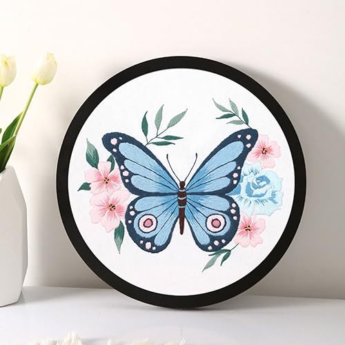 Esffaci Embroidery Starter Kit for Adult Beginner with Blue Butterfly Flowers Pattern Hand Embroidery Set with Cloth Hoop Needle Threader Floss and Instruction