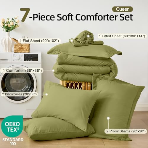 FUANNA Queen Comforter Set Olive Green, 7 Pieces Soft Bedding Sets Queen Size, All Season Lightweight Bed in a Bag with Comforter, Flat Sheet, Fitted Sheet, Pillowcases & Shams FUANNA