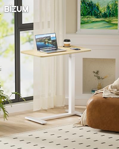 BIZUM Adjustable Bedside Table with Swivel Hidden Wheels Pneumatic Rolling Desk Mobile Standing Desk with Cup Holder for Hospital Home(27.6"x15.8" Maple) BIZUM