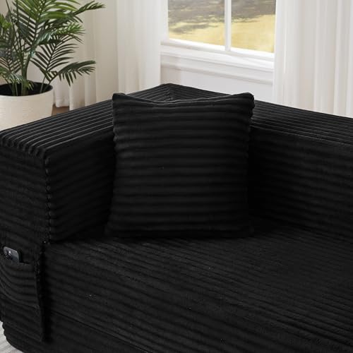 KEIKI 78" Futon Folding Sofa Bed, 4-in-1 Boneless Couches for Living Room, Oversized Comfort Corduroy Upholstered Sleeper Pull Out Bed for Small Space Bedroom Lounge, Removable Armrests, Black KEIKI