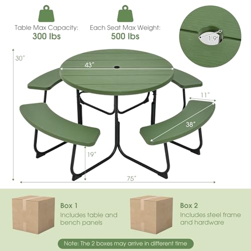 Giantex Picnic Table Set for Up to 8 Persons, Round Outdoor Table and Bench Set with Umbrella Hole, HDPE Top & Metal Frame, 2000LBS Capacity, Patio Table Bench Set for Deck Backyard Garden (Green) Giantex